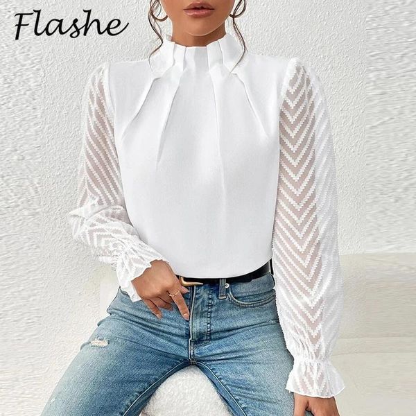 Frauenblusen elegante Frauen Langarm Hemd Bluse Chiffon Mesh Design Rüsche Solid Office Tops Lady Turtleneck Shirts