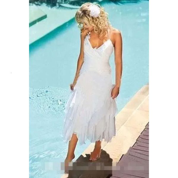 Tiras personalizadas para halter spaghetti praia vestidos curtos de chiffon ruched tea skiot saia simples vestidos de noiva vestidos de nova