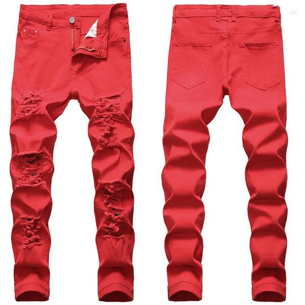 Jeans maschili dritti motociclette di mendicante motocicletta di grandi dimensioni europeo buco bianco rosso e denim americano