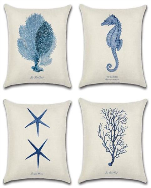 Sea Horse Whale Starfish Starf Stampato di cotone Linen Custinetto decorativo Office Cestino per colpa fodera Cover Cojines Almofada2182086