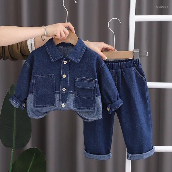Комплекты одежды для мальчиков весна осень 2024 г. Детские джинсовые рубашки брюки брюки 2 шт.