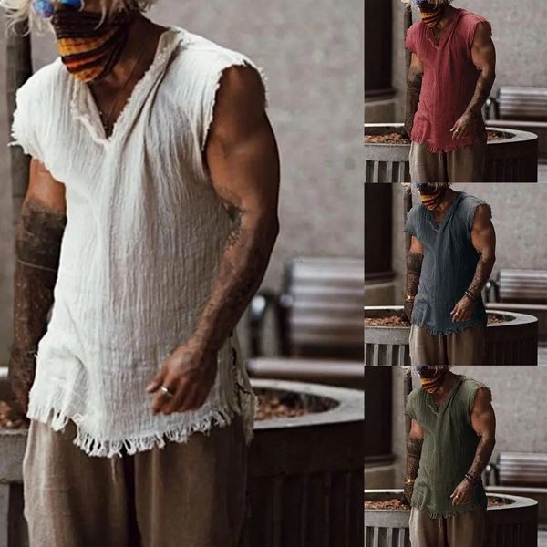 Männer veste Farbe Closer Casual Freizeit individueller alter Stil loser Typ Rucked Edge v Hals ärmellose Männer Tanktop Daily Kleidung 240428