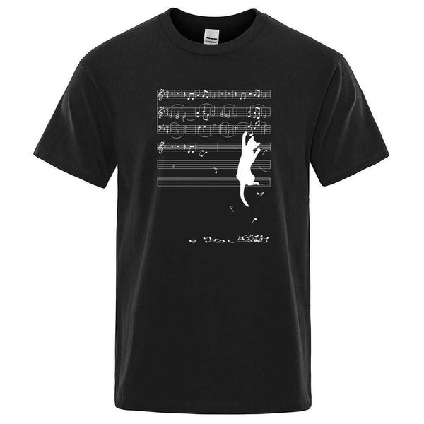 Herren-T-Shirts Katze, die an der Musik von Musik hängen, kurze Slve O-Neck-Baumwolltops Sommer Fashion T-Shirt übergroß