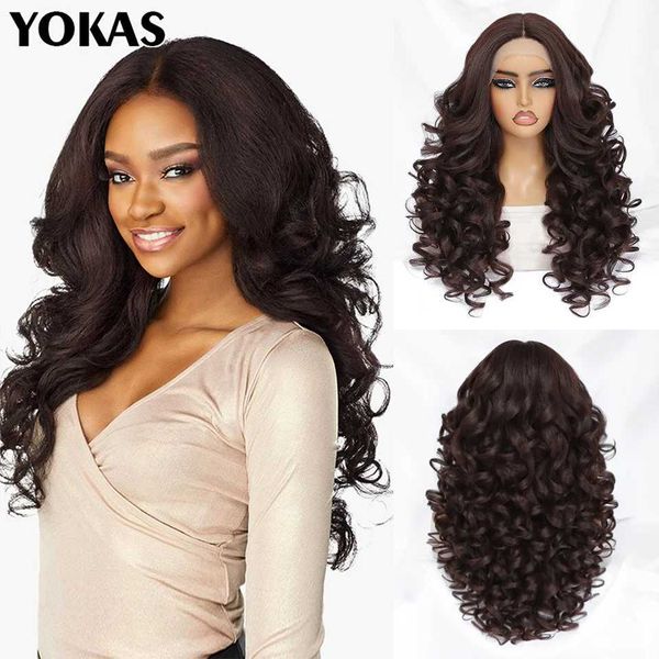 Sentetik peruklar 24 inç sentetik dantel ön peruk siyah kadınlar için uygun mat kıvırcık Afrika çikolata kahverengi q240427