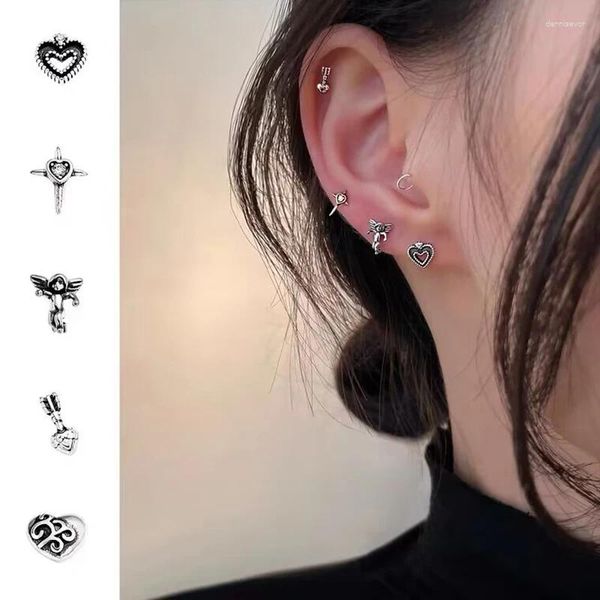 Brincos de garanhão 5pcs/set vintage Sterling Silver Heart Angel Cross for Women Goth Aesthetic Piercing Party Punk Jewelry Gifts