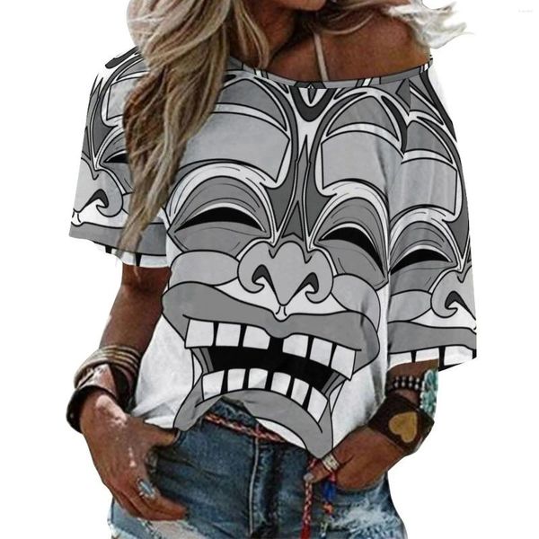 Camas femininas Sorrindo Tiki-mask lotus folha pescoço camiseta de manga longa camisa elegante moda tops tees tiki polinésia arte arte