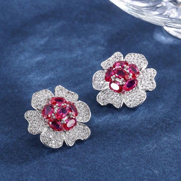 Orecchini per borchie S925 Ago argento Orecchie di fiori di cristallo rosso per donne gioielli Dance Dance Party Anniversario Regola Regalo Accessorio