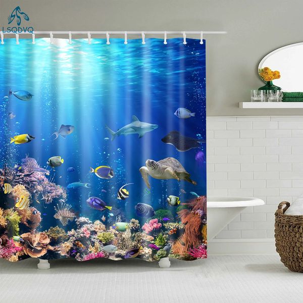 Meerestiere Fisch Cartoon Duschvorhang Badezimmer Vorhang Frabic wasserdichte Polyesterbad Vorhang mit Haken 240423