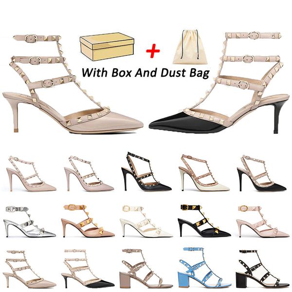 2024 Designer Women Women Sandals Luxury Dress Scarpe famose tacchi alti tacchi in pelle Rivet Black Black Punted-Toes Lady Lady Party Wedding Platform Whitederst With Box 35-42