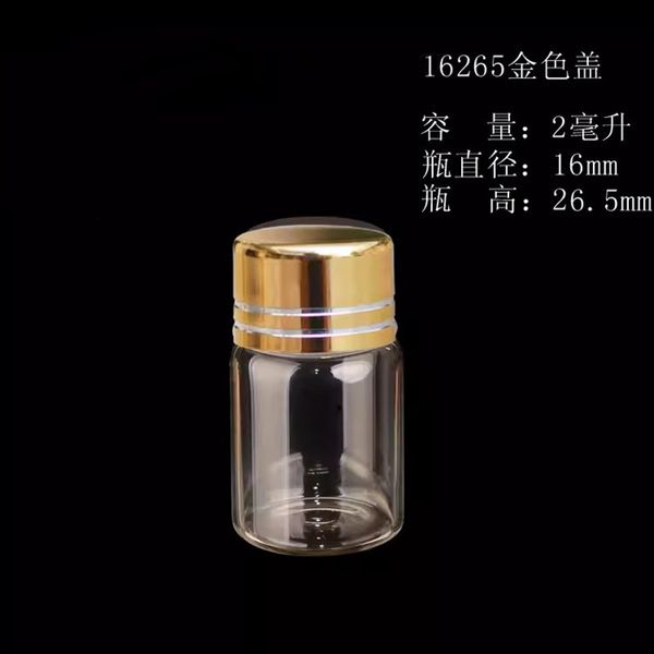 1000pcs 16*26,5 mm 2ml de parafuso de plástico dourado garrafas de vidro de vidro vazio de vidro transparente DIY frascos de frascos