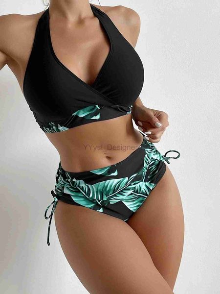 Swimwear femminile 2024 Nuovo modello di foglia estiva da donna costume da bagno halter bendaggio bikini impostato da bagno senza schienale in alto push up battini dimite d240429