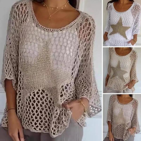 Kadın bluzları tığ işi fishnet bluz şık üstler o yaka örgü v yaka kazak pullover moda için yaz