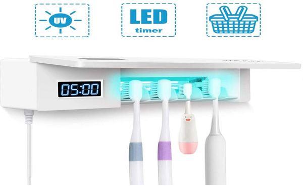 UV -Zahnbürstenhalter 4 Zahnbürstensterilisatorhalter 5 minute Timer LED -Anzeige Wandmorbemontiertes Zahnbürstenhalter mit Aufkleber für WO9644222