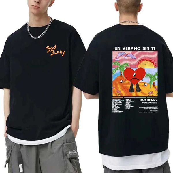 Camisetas masculinas Bad Bunny Un Verano Sin Ti Music Album Black Tshirt Men Woment Shirt Graphic T camisetas de camiseta de algodão Man Woman Ts TS TOPS T240425