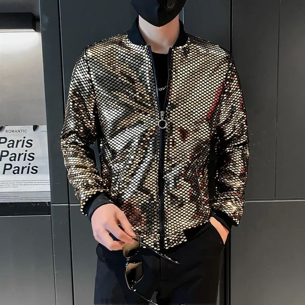 Y2K Mens Streetwear Night Club Stage Thin Motorcycle Jackets Trendyol Men Hip Hop Sequined Bombers Bomber