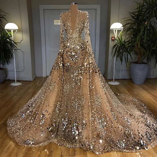 Größe Arabisch ASO EBI plus Gold luxuriöser funkelndes Prom -Kleider Perlen Kristalle Pailletten Abend Formale Party zweite Empfangskleider Kleid ZJ433