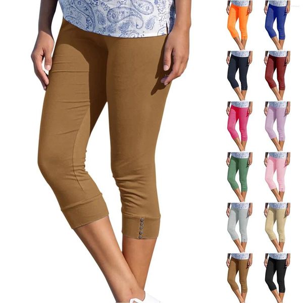 Kadınlar için kadın pantolon capri tozlukları yüksek belli esnek yoga atletik düğme diz uzunluğu yaz kapris