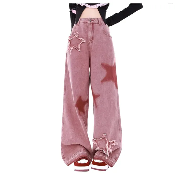 Женские штаны Американская ретро -красная джинсовая ткань Y2K для женских звездных вышива