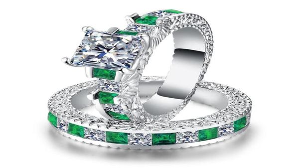 Choucong Jóias de luxo exclusivas 925 Sterling Silver Princess Cut Emerald Cut Topaz Gemtones Party Eternity Bridal Ring Set para LOV1898286
