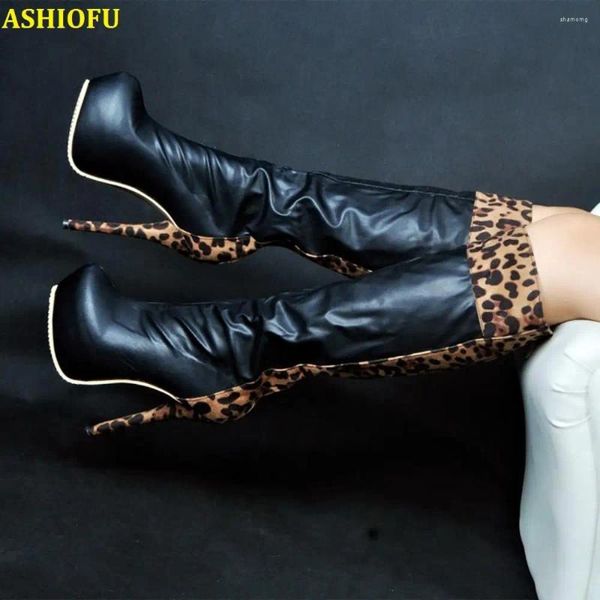 Stiefel Ashiofu handgefertigte klassische Damen Knie Round-Toe Sexy Club Party Plattform Leopard Fashion Winter Schuhe