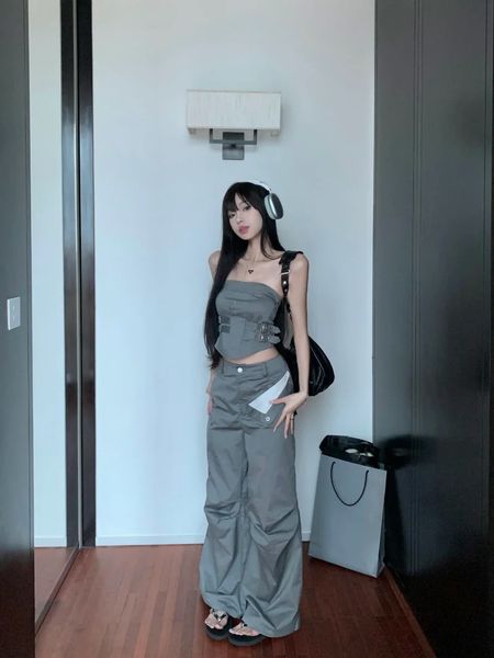 Menina American Retro Suit Summer Summer Summer Grey Strapless Leg Wide Leg Casual Pants longas Conjunto de duas peças Moda Roupos femininos 240420