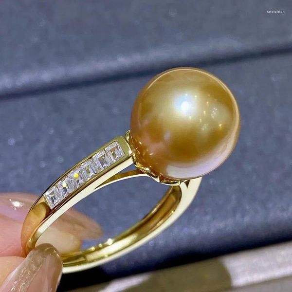 Clusterringe Wunderschöne und realistische Super große 11-10 mm runde natürliche Südchinesische Meeres Gold-Whute Pearl Ring 925s Verstellbar