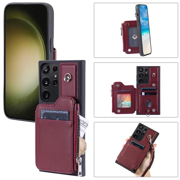 PU Leder -Telefonhüllen für Samsung Galaxy S23 S22 Ultra Plus A54 A53 A52 5G A14 A13 4G Multi -Karten -Slots Reißverschluss -Münzholzhülle mit Handgurt mit Handband