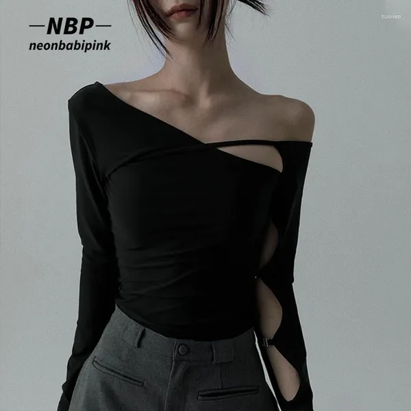 Camisetas femininas Neonbabipink 2000s y2k tops assimétricos cortados um ombro de manga longa preto roupas femininas roupas n33-be12