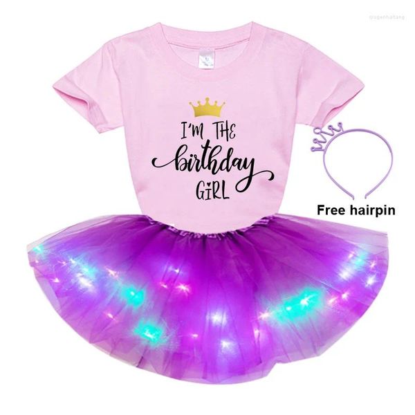 Roupas Conjuntos de roupas para crianças vestidos de roupas para meninas Conjunto de vestidos 2024 Summer Manga curta Camiseta luminosa Salia de cabelo 3pc Girl Birthday Party Party