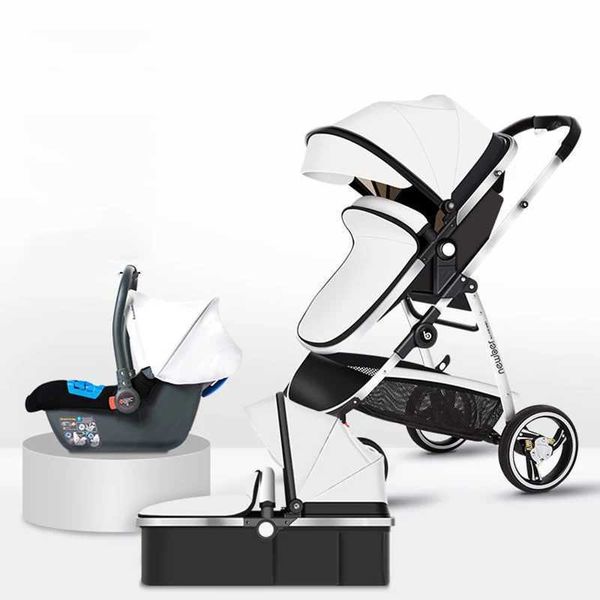 Passeggini# baby passeggino 3 in 1 in pelle PU bianca con sedili auto paesaggio ad alto paesaggio neonato di lusso bambino pieghevole Q240429
