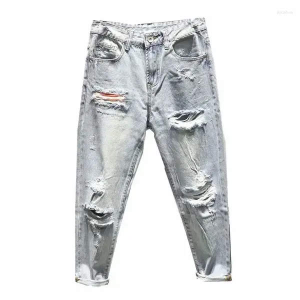 Jeans maschili hip hop harem corricini azzurro con buchi pantaloni da cowboy strappati strappati a gamba larga rotta alla moda coreana xs