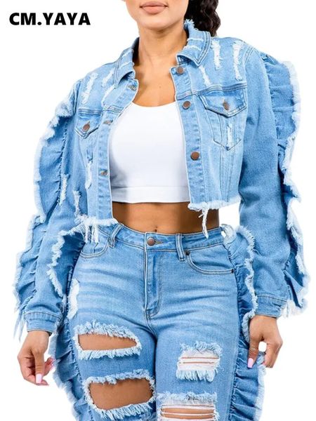 CMYAYA DONNE FASHIO FASHIED RUFFES SOLUFLES SOLEVE LONG SINGOLA SINGOLA COLLARE COLLARE DENIM STREET STREET INS GIACCA TOTTA 240426