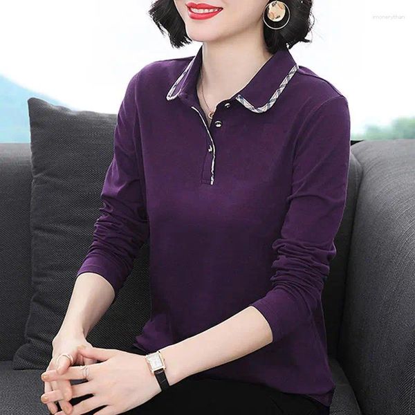 Kadın Polos Pamuk Uzun Kollu T-Shirt Bahar ve Sonbahar Kore tarzı gevşek Polo Gömlekleri Kadın Yakası Kırmızı Günlük