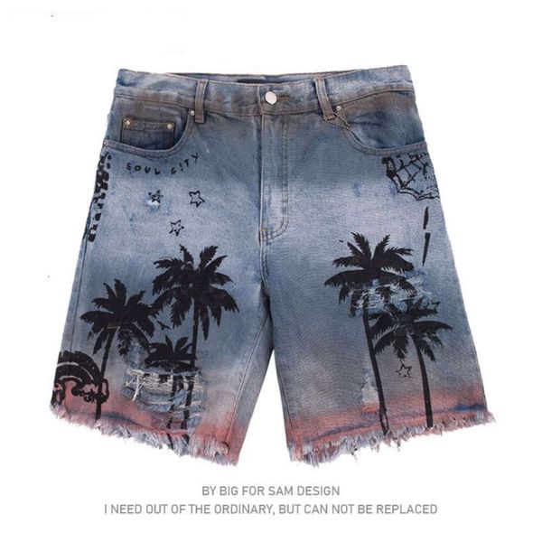 Big for Sam Trendy Brand Xia Yi Beach Coconut Albero dritto Tubo spezzato Hole Shorts Jeans maschile 5/4 Pantaloni