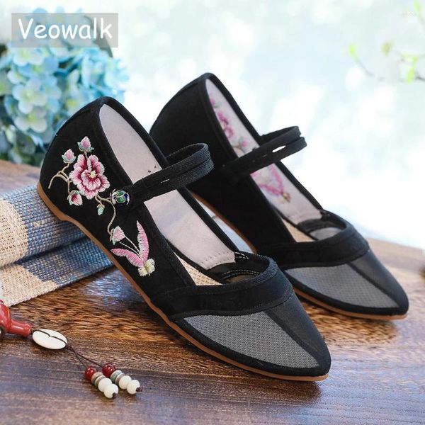 Lässige Schuhe veowalk gaze spitze Zehen Frauen Baumwollballett Flats Chinesische Vintage gestickt Damen Sommer aufblenden durch Leinwand