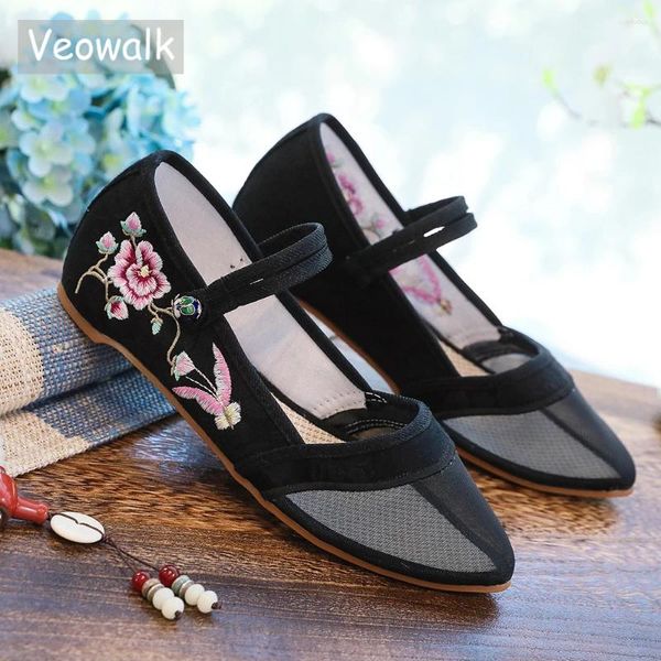 Scarpe casual veowalk garza puntata da donna di punta di palletto di cotone batuffolo cinese vintage ricamato da donna estate vedi attraverso tela