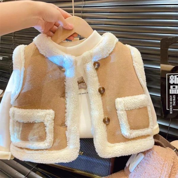 Jaquetas 2024 Winter meninos meninas crianças usam colete espessado de casaco de veludo de cordeiro moda