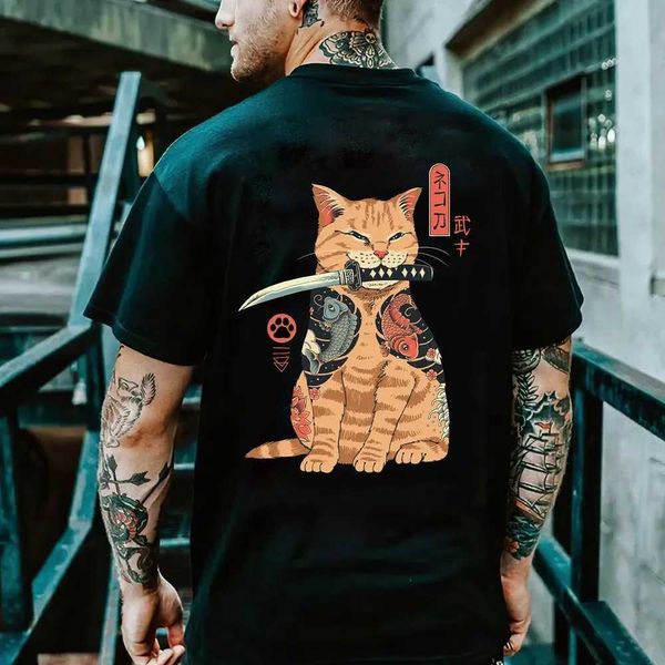 Camiseta de camisetas anime anime warrior gato estampar camiseta de camiseta ao ar livre harajuku roupas retrô casual-deco