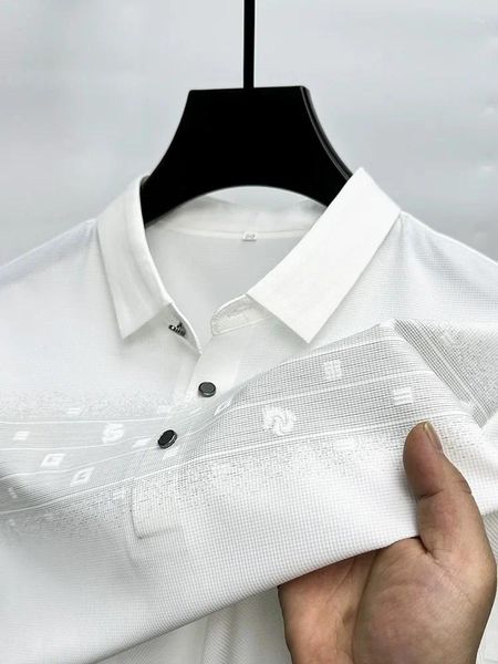 Мужские Polos 2024 Hhe High End Ice Silk Printed с коротким рукавом Polo Рубашка мода бренда повседневная летняя тенденция
