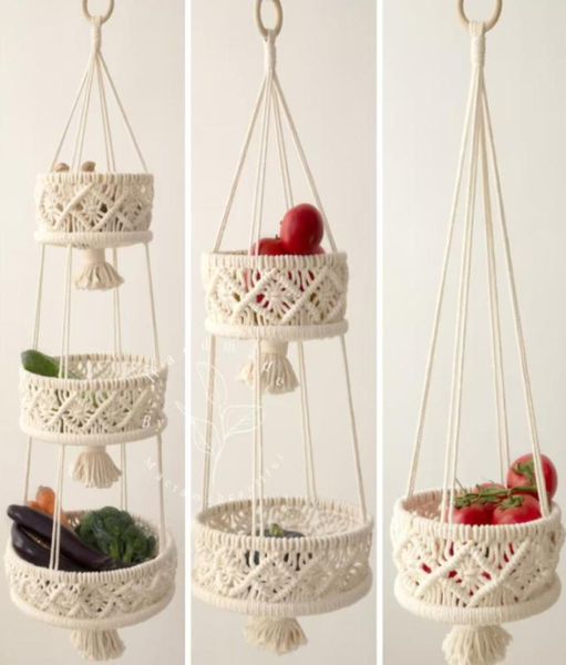 3 уровня макраме висящей корзины Boho Home Decor Holder Holder Vishing Fruit Basket for Kitchen Indoor Outdoor Decorative 220219507316