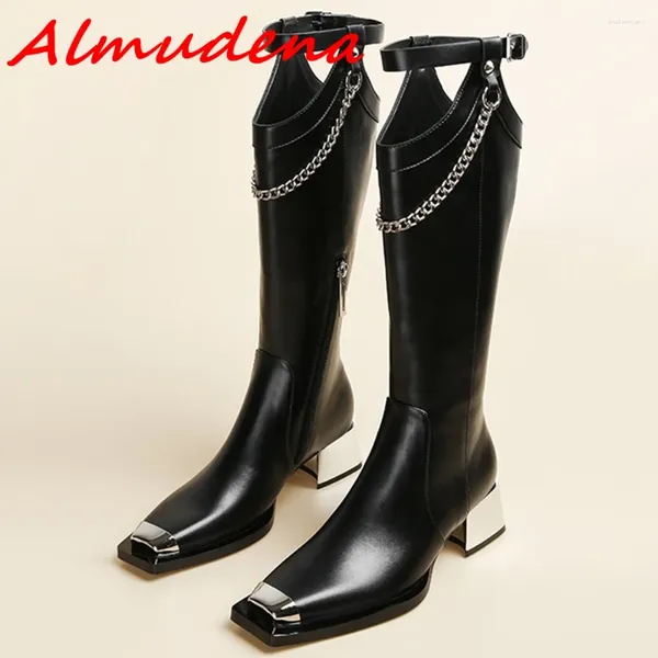 Stiefel 2024 Herbst Winterkette Schwarz Knie High Metal Zeh Sexy Seite Reißverschluss Bling Chunky Heels All-Match-Freizeitparty Frauen