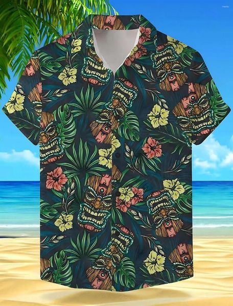 Camisas casuais masculinas máscara tropical floral férias camisa havaiana de férias ao ar livre turndove de verão de manga curta Mint Green Tiki