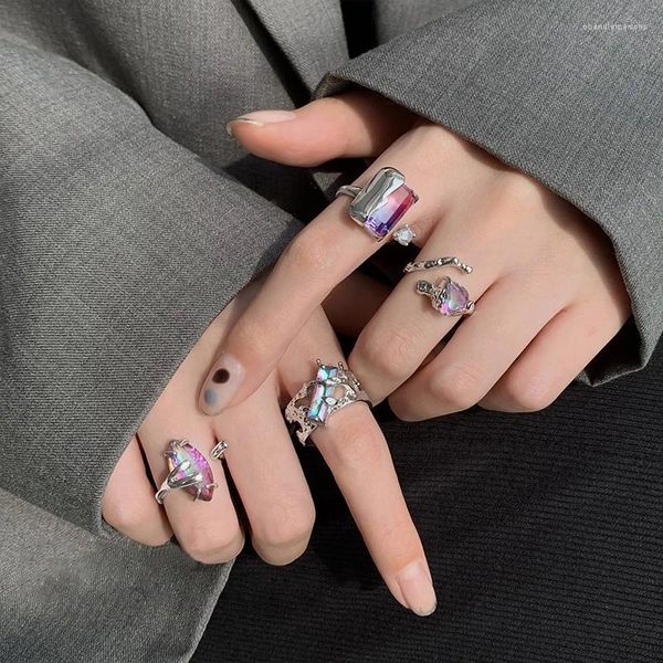 Ringos de cluster Mengjiqiao Design de moda coreano Irregular Metal Ajustável para mulheres Trendy Colorful Crystal Deding Knuckle Jewelry