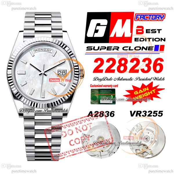 228236 DayDate A2836 VR3255 MENS AUTOMATICO GMF V3 MOP Diamond Diamond Diamond Diamond Diamond Diamond 904L Bracciale Super Edition Same Serial Card Guadagna PureTime PTRX