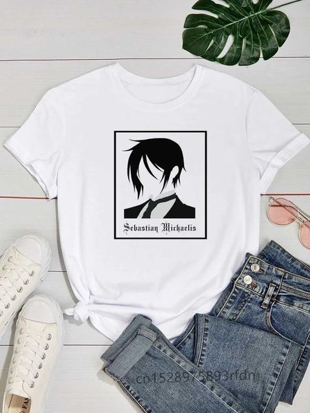 T-shirt femminile Butler nero Butler Sebastian Ciel Womens T-shirt da donna stampato divertente Y2K Bottom O-Neck White Shirtl2404