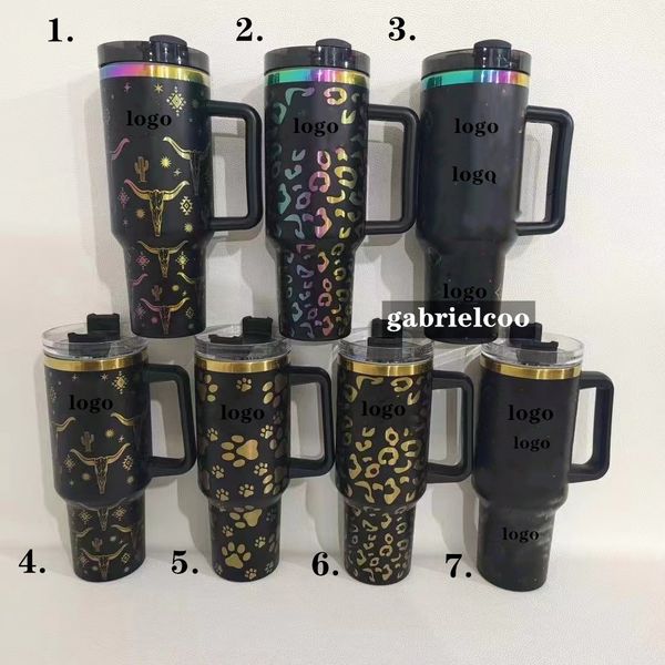 Designer Schwarz 40 Unzen Griff Auto Tasse Goldfarbe klassisches Logo gedruckt Edelstahl große Kapazität Wärme Isolierung Strohbecher Autobecher 1200 ml Tumbler