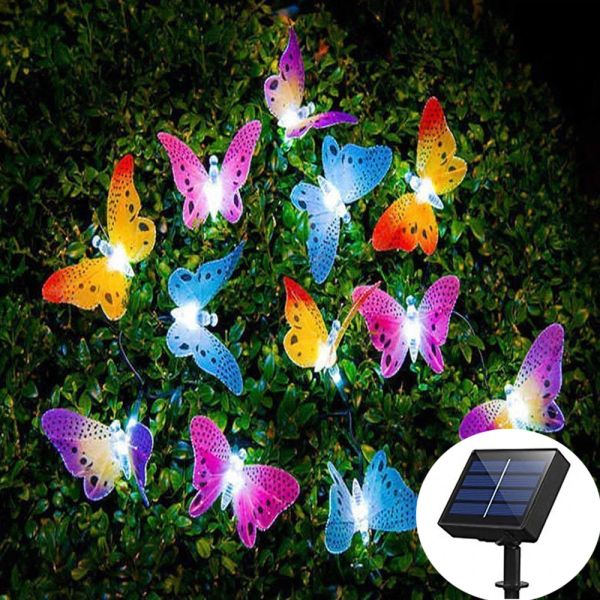 Dekorationen 12 LED Solar Butterfly Lamp String Schnur optische Glasfaserfee Leichte wasserdichte Weihnachtsfeiertags -Dekoration Weihnachten im Freien im Freien im Freien