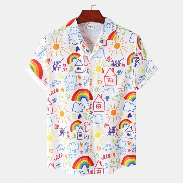 Vocação do Rainbow mass de verão lapela Camisa camisetas havaianas de grandes dimensões Menina de moda imprimida Mulheres praia Blusa de manga curta Boys 240428