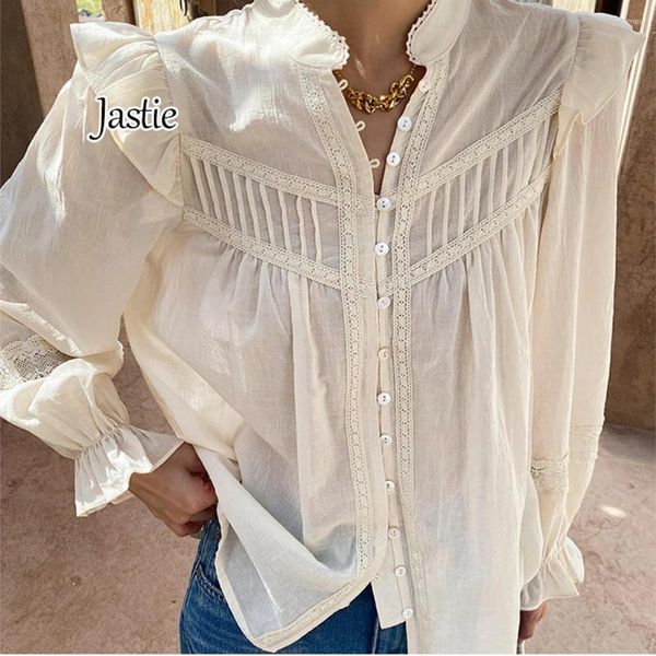 Frauenblusen Jastie 2024 Frühlings Sommerhemd Patchwork Spitze Langarm Französisch-Hemden Bluse Baumwolle weiße lässige Boho Tops