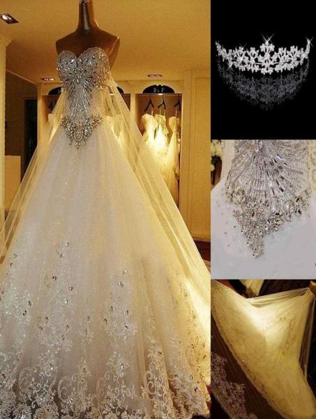 Vestidos de noiva de renda de cristal brilhante modestos